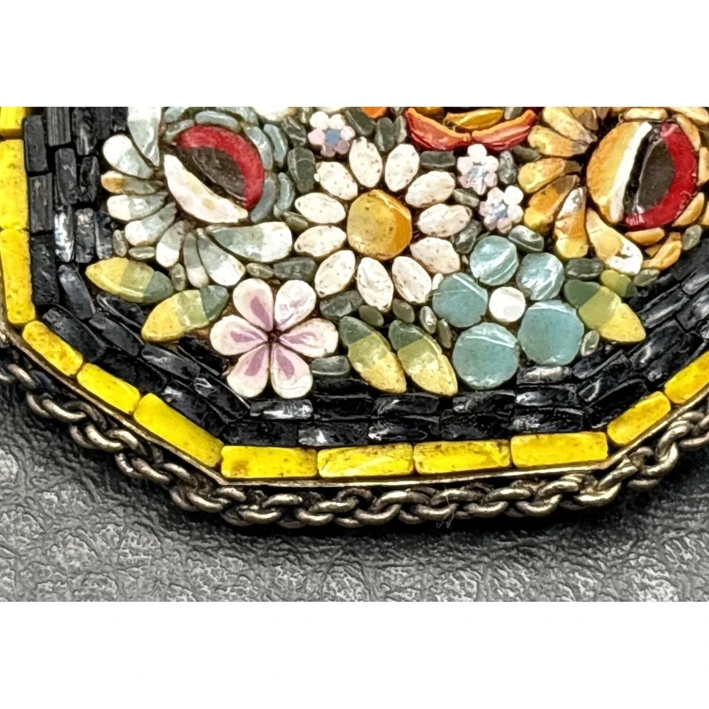 Vintage Micro Mosaic Italian Italy Floral Brooch Yellow Red Black Pin READ